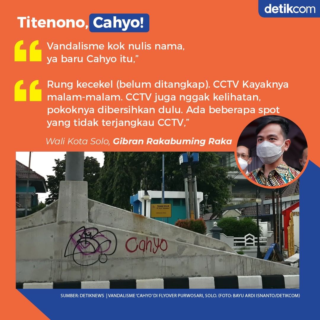 Vandalisme tulisan 'Cahyo' merusak bangunan Flyover Purwosari, Solo, Jawa Tengah...